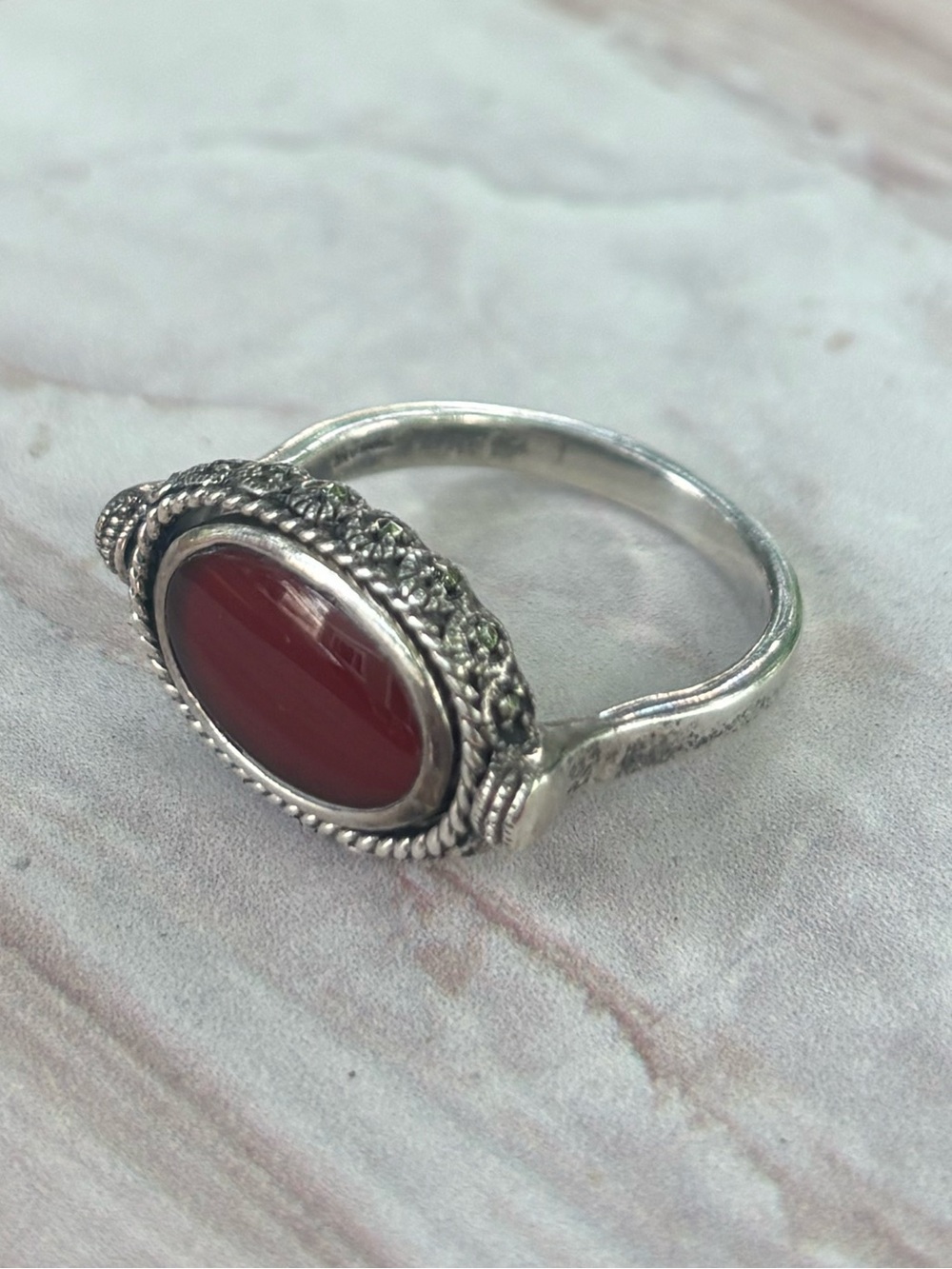 Vintage 925 Sterling Silver Reversible Spinner Ring Red Carnelian Marcasite Sz 8
